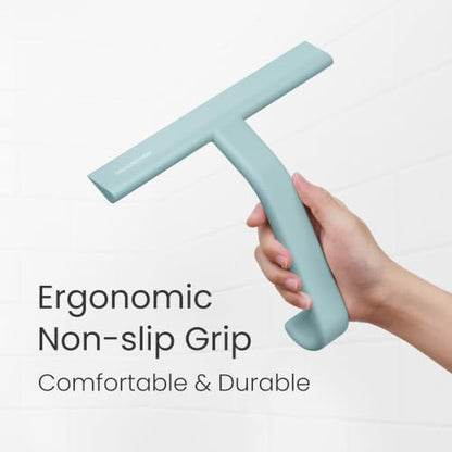 JustHang Shower Squeegee with Built-in Hook, 10-Inch Slate Blue | Award-Winning Design, All-One-Piece Soft-Touch Silicone, for Glass Door, Bathroom, Window, Mirror, Tile Wall, Car - color: Slate Blue