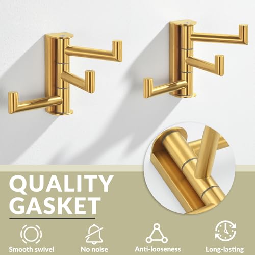 3-Arm Swivel Towel Hooks, 2 Pack, Brushed Gold, Wall Mounted | 304 Stainless Steel, Bathroom Kitchen Closet Use, Heavy Duty 11 lbs Wall Hooks for Towels, Dishrags, Easy 180° Rotate & Fold - color: Brushed Gold, size: 2 Pack