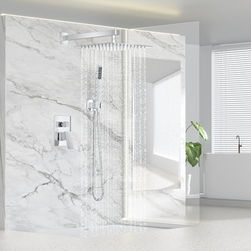 FPXRNG Shower Faucet Set Rainfall Shower System with Square Shower Head and Handle Set Rough-in Valve and Metal Trim Kit Included ‎Polished Chrome 12 Inch Wall Mounted Shower Fixtures - color: ‎Polished Chrome, size: 12 Inch Wall Mount Shower Head