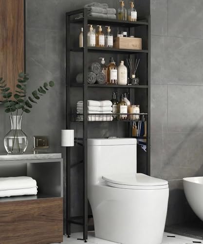 Over the Toilet Storage Rack,4-Tier Adjustable Bathroom Organizer Over Toilet with Storage Basket & 4 Hooks,Space Saving Shelf for Washer & Mini Fridge,Rustproof,Black Metal