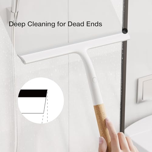 Shower Squeegee for Glass Doors, Streak-Free Silicone Window Cleaner with Detachable Wood Handle & Hook, Rust-Proof Bathroom Squeegee for Mirror, Tile Wall, Car Windshield, 10 Inch White - size: 2pack