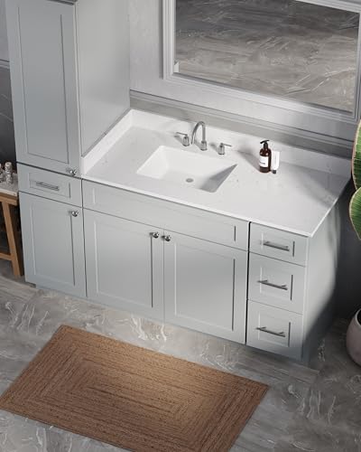 63" Bathroom Vanity with Linen Storage Tower and 4 Drawers, Carrara Quartz Top and Ceramic Sink, Left or Right Tower Option, Solid Wood Frame, 64" x 22" x 72" (Gray, Left Tall Cabinet) - color: Grey