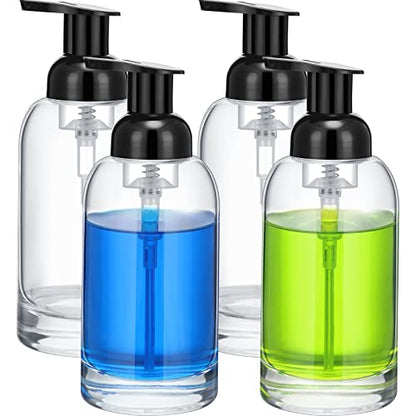 Eccliy 4 Pack Foaming Soap Dispenser, 13 oz Clear Thick Glass Pump | Refillable Foam Soap Bottles for Hand Soap and Body Wash, Ideal for Bathroom Countertop, Kitchen Sink and More, Black Pump
