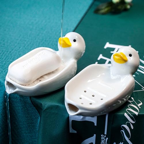 Cute Ceramic Soap Dish Self Draining Adorable Duck Shaped Kitchen Sink Soap Organizer for Bathroom Quick Drying Soap Holders - color: White Duck-2