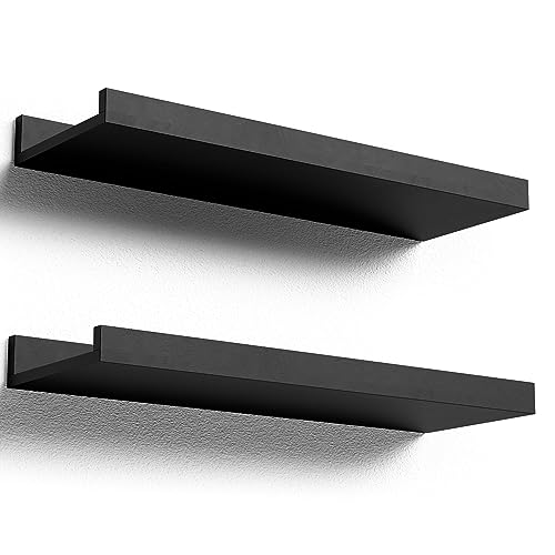 Boswillon Floating Shelves Set of 2, Small Wall Shelf with Lip, 16in, Black | Display Ledge Shelf for Room Wall, Wall Decor Shelves for Bathroom, Living Room, Bedroom, Kitchen, Nursery Room, Modern, Wood - color: Black, size: 15.7 in