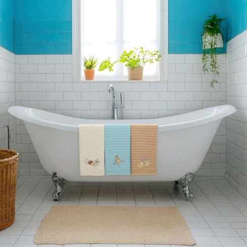 HunnmingRe 3 Pcs Coastal Waffle Hand Towels for Bathroom Farmhouse Embroidered Ocean Beach Nautical Finger Towels Sand Dollar Starfish 13.78 x 29.5 Inch Bath Decor for Summer Kitchen Spa Home - style: Coastal