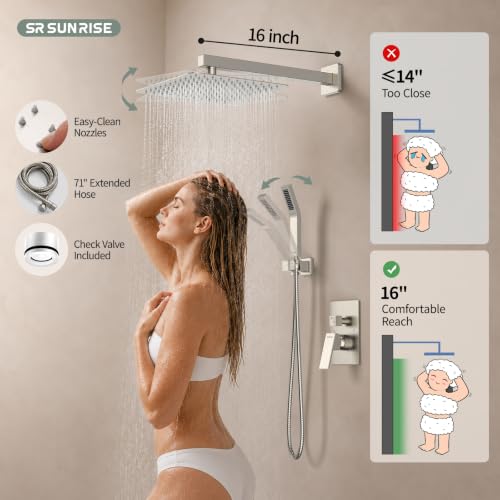 SR SUN RISE Shower Faucet Set Bathroom Square Rain Shower Head with Handheld Spray Wall Mounted Rainfall Shower Fixtures Brushed Nickel Shower Faucet Trim Repair Kits (Contain Shower Valve)10 Inches - color: Brushed Nickel, size: 10 Inch