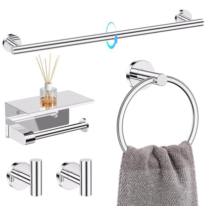 TQKAG 5 Piece Bathroom Towel Holder, Polished Chrome Bathroom Hardware Set | SUS304 Stainless Steel, 23.6" Toilet Paper Holder with Shelf, Towel Racks for Bathroom Wall Mounted, Towel Bars - color: Polished Chrome, size: 5-Pieces Set-A
