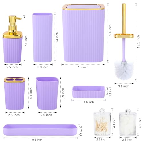 9 PCS Purple Bathroom Accessories Set with Trash Can Bathroom Accessory | All-in-One Kit with Trash Can,Toothbrush Holder,Soap Dispenser,Toothbrush Cup,Vanity Tray,Soap Dish,Toilet Brush etc for Home - color: Purple