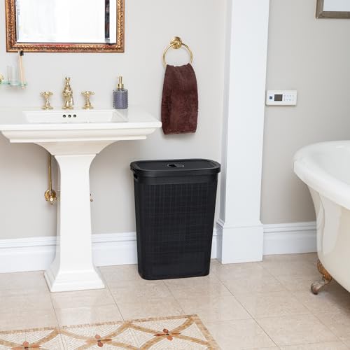 Mind Reader Slim Laundry Hamper with Lid, 40L Clothes Basket, Linen Design, Plastic, Black - color: Black