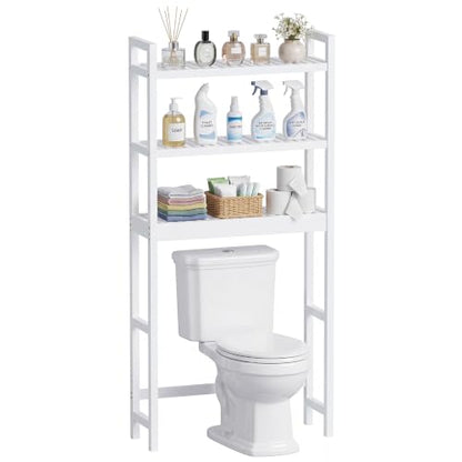 SMIBUY Bathroom Storage Shelf, Bamboo Over-The-Toilet Organizer Rack, Freestanding Toilet Space Saver with 3-Tier Adjustable Shelves (White) - color: White