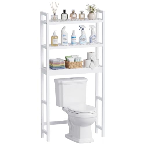 SMIBUY Bathroom Storage Shelf, Bamboo Over-The-Toilet Organizer Rack, Freestanding Toilet Space Saver with 3-Tier Adjustable Shelves (White) - color: White