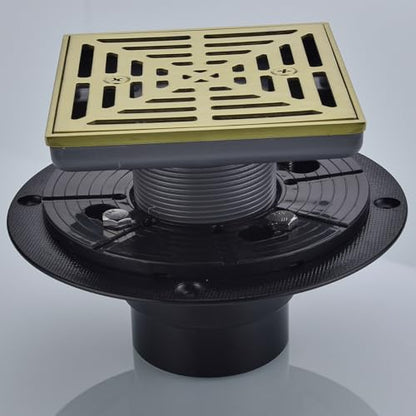 RANDOM Brushed Gold Shower Drain 4 inch Square Shower Drain with Adjustable PVC Base Flange,SUS304 Stainless Steel Shower Floor Drain with Removable Cover Grid Grate - color: B-brushed Gold-4″ Square With Base Flange