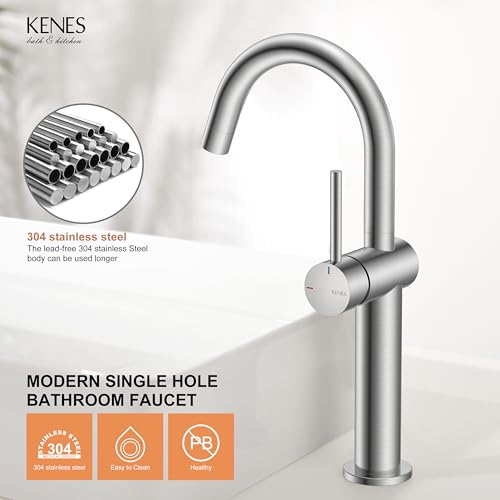 Brushed Nickel Vessel Sink Faucet Single Handle, Tall Bathroom Faucet | Vessel Bowl Faucet with Pop Up Drain & Supply Lines, Lead-Free cUPC & NSF Certified, 1 Hole Faucet for Vanity RV Restroom - color: Brushed Nickel, size: Tall