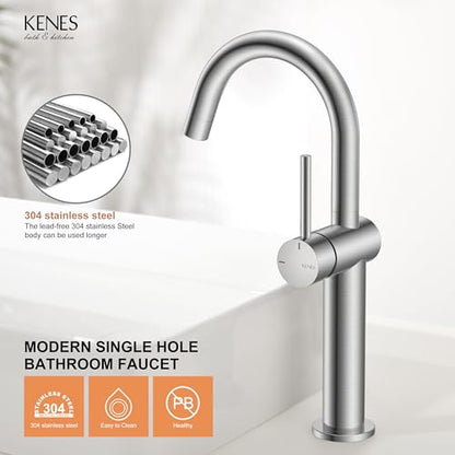 Brushed Nickel Vessel Sink Faucet Single Handle, Tall Bathroom Faucet | Vessel Bowl Faucet with Pop Up Drain & Supply Lines, Lead-Free cUPC & NSF Certified, 1 Hole Faucet for Vanity RV Restroom - color: Brushed Nickel, size: Tall