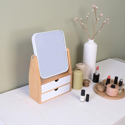 1x/5x Rectangle Magnifying Makeup Mirror, Jewelry and Cosmetics Storage Box | The Desktop Makeup Mirror Features Two Storage Compartments,360°Rotating Mirror Surface, and a Natural Bamboo Base