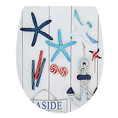 White Plastic Oval Toilet Seat with Quick Release, Top Fixing, Adjustable Hinges, Seagull and Starfish Design, One Size - color: Seagull and Starfish