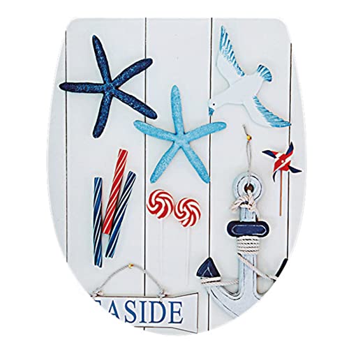 White Plastic Oval Toilet Seat with Quick Release, Top Fixing, Adjustable Hinges, Seagull and Starfish Design, One Size - color: Seagull and Starfish