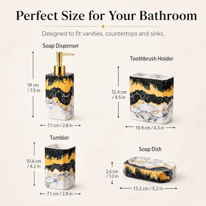 4 Piece Bathroom Accessories Set - Black and White Includes Lotion Dispenser, Toothbrush Holder Tumbler, and Soap Dish - Glossy Finish (Marble, Black, and White) - color: Black, and White