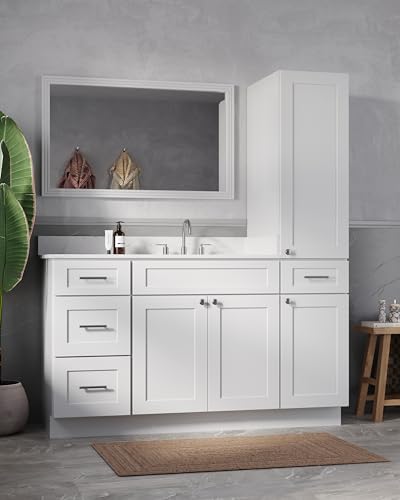 60" Bathroom Vanity with Linen Storage Tower and 4 Drawers, Carrara Quartz Top and Ceramic Sink, Left or Right Tower Option, Solid Wood Frame, 61" x 22" x 72" (White, Right Tall Cabinet) - color: White