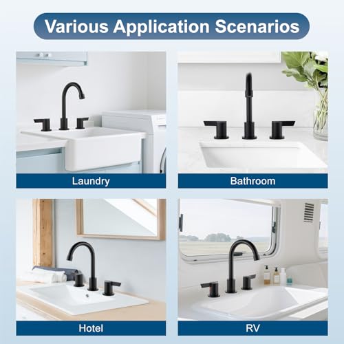 Bathroom Sink Faucet 3 Hole, 8 Inch Widespread, Matte Black | Lead-Free SUS304 Stainless Steel 8-Inch Widespread Bathroom Faucet with Pop-Up Drain & Supply Lines - color: Matte Black