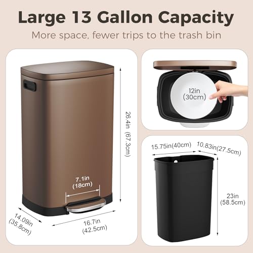 ELPHECO Kitchen Trash Can with Lid 13 Gal Stainless Steel Pedal Garbage Can | Soft Close Lid, Pedal, Heavy-Duty Fingerprint Proof Step Wastebasket with 20 Bags, Removable Bucket, Home Office, Brown - color: Brown