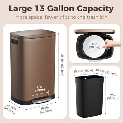 ELPHECO Kitchen Trash Can with Lid 13 Gal Stainless Steel Pedal Garbage Can | Soft Close Lid, Pedal, Heavy-Duty Fingerprint Proof Step Wastebasket with 20 Bags, Removable Bucket, Home Office, Brown - color: Brown