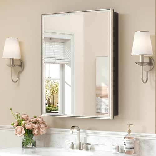 Keonjinn Bathroom Medicine Cabinets with Mirror, 24" x 30" Brushed Nickel Medicine Cabinet, Recessed or Wall-Mounted, Aluminum Alloy Framed, Farmhouse Bathroom Mirror with Storage Cabinet - color: Brushed Nickel, size: Mirror: 24x30 IN, style: Single-Door