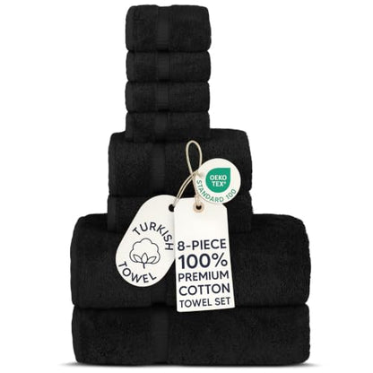 Chakir Turkish Linens Set of 8 Towel Set, 100% Cotton Luxury Turkish Towels for Bathroom, Soft Absorbent Bath Towel Set with 2 Bath Towels 2 Hand Towels 4 Washcloths, Black - color: Black