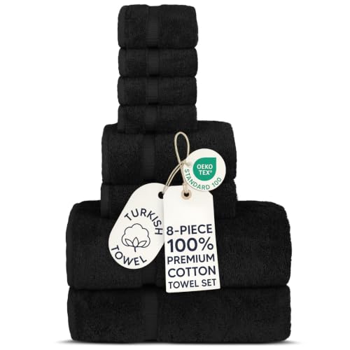 Chakir Turkish Linens Set of 8 Towel Set, 100% Cotton Luxury Turkish Towels for Bathroom, Soft Absorbent Bath Towel Set with 2 Bath Towels 2 Hand Towels 4 Washcloths, Black - color: Black