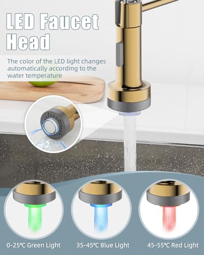 LED Kitchen Faucet, Brushed Gold Kitchen Faucet with Soap Dispenser and Deck Plate, Faucet for Camper Farmhouse RV Kitchen Sink, Single Handle Kitchen Sink Faucets with Pull Down Sprayer - color: C-Brushed Gold, style: Rustic