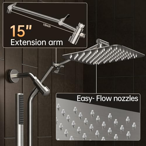 Veken 10" Luxurious Brushed Nickel All Metal Rain Shower Head with Handheld Spray Combo, High Pressure Rainfall Square Shower Heads with Extension Arm, Wide Dual Showerhead, Bathroom Accessories - color: Brushed Nickel