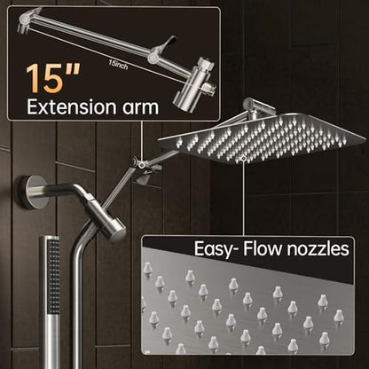 Veken 10" Luxurious Brushed Nickel All Metal Rain Shower Head with Handheld Spray Combo, High Pressure Rainfall Square Shower Heads with Extension Arm, Wide Dual Showerhead, Bathroom Accessories - color: Brushed Nickel
