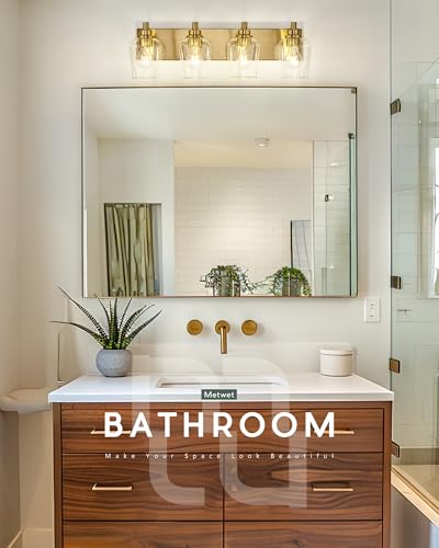 4-Light Brushed Gold Bathroom Vanity Light, Wine Clear Glass Shades | 25.4" modern bathroom light fixtures over mirror, E26 base, bulbs not included, VL155-BG-4 - color: Brushed Gold, Wine Glass Shade, size: 4-light