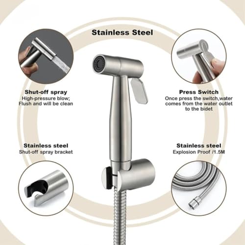 Modern Stainless Steel Handheld Bidet Sprayer Set for Toilet - 150cm (59") Extra-Long Hose - Adjustable Water Flow Control Shattaf with Wall Mount Holder - Easy Installation Diaper Spray Gun