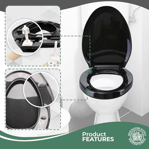 Renovators Supply Manufacturing Plastic Soft Close Toilet Seat Elongated Quiet-Close Lid, Contoured Seat, Easy to Install and Clean, Grip-Tight Bumpers with Adjustable Mounting Hardware, Black - color: Black, size: Pack of 1