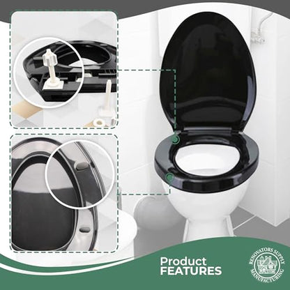 Renovators Supply Manufacturing Plastic Soft Close Toilet Seat Elongated Quiet-Close Lid, Contoured Seat, Easy to Install and Clean, Grip-Tight Bumpers with Adjustable Mounting Hardware, Black - color: Black, size: Pack of 1