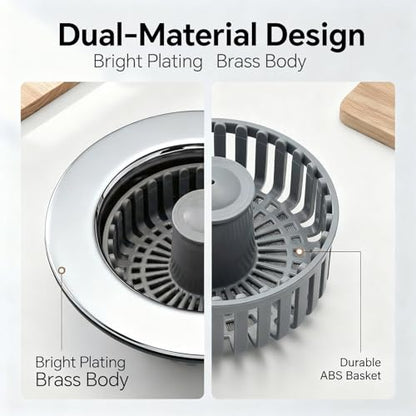 Solid Brass Body 3-in-1 Kitchen Sink Drain Strainer & Stopper, Heavy Duty Pop Up Plug Assembly with 2 Baskets, Anti-Clog Replacement for US Standard 3-1/2 Inch Drains, Rust-Proof Silver - color: Silver