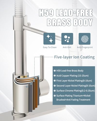 Kitchen Faucet with LED Light,Kitchen Faucet with Soap Dispenser,Faucet for Camper Farmhouse RV Kitchen Sink,Single Handle Stainless Steel Kitchen Sink Faucets with Pull Down Sprayer,Nickel Brushed - color: B-Brushed Nickel, style: Rustic