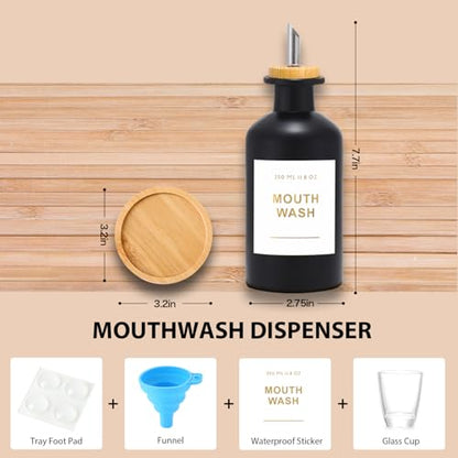 11.8OZ Glass Mouthwash Dispenser for Bathroom, Black | Stainless Steel & Bamboo Nozzle, Mouthwash Cup Reusable, Bamboo Tray, Elegant Gold Sticker - color: Black/350*1