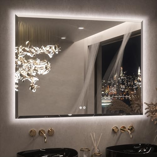 Keonjinn 48 x 36 Inch Large LED Bathroom Mirror with Backlight, Backlit Mirror with Beveled Edge, Safe Tempered Glass, UL-Listed Power Driver, 3 Color Lights, Safe Defogging, Memory Function - color: Backlit Beveled Edge, size: 36"L x 48"W