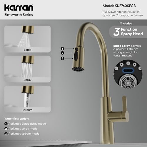 Karran Elmsworth Commercial Style Pull-Down Kitchen Faucet with Dual Interchangeable Spray Heads 5-Function Revolve MAX & 3-Function Revolve Mini Aerator High-Arc Spout (Spot Free Champagne Bronze) - color: Spot Free Champagne Bronze
