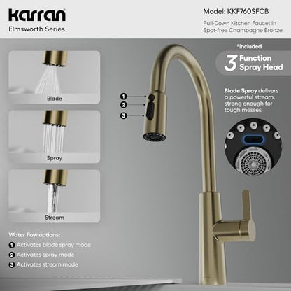Karran Elmsworth Commercial Style Pull-Down Kitchen Faucet with Dual Interchangeable Spray Heads 5-Function Revolve MAX & 3-Function Revolve Mini Aerator High-Arc Spout (Spot Free Champagne Bronze) - color: Spot Free Champagne Bronze