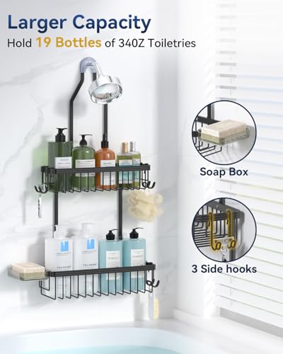 Never Rust Shower Caddy Hanging, Aluminum Shower Racks for Inside Shower, 2-Tier Shower Organizer Hanging Over Shower Head with Hooks and Soap Holder, Black - color: Black