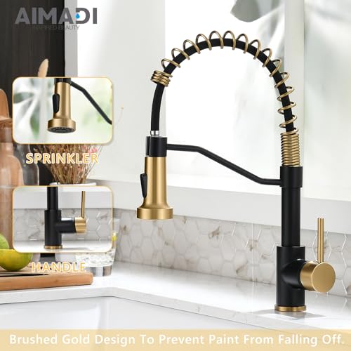 AIMADI Black Faucet Kitchen,Commercial Black Gold Kitchen Faucet Matte Black Modern Single Handle Kitchen Faucet with Pull Down Sprayer for Rv Farmhouse Camper - color: black gold