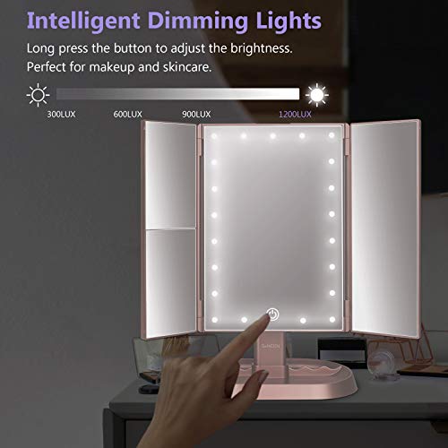 Trifold Lighted Vanity Makeup Mirror with 21 LED Lights,1x/2x/3x Magnification and Touch Screen Dimming,Two Power Supplies Makeup Mirror, Gift for Women - color: Pink
