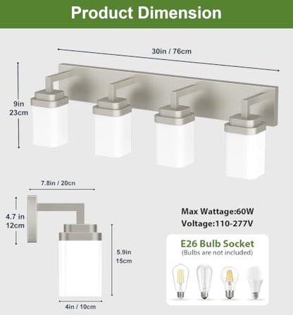 Brushed Nickel Bathroom Light Fixtures, Modern Vanity Lights with White Glass Lamp Shade, Bathroom Lighting Fixtures Over Mirror, Restroom Vanity Lighting Fixture, 4-Light 30 Inch - color: Nickel, size: 4-Light