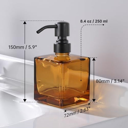 Square Bathroom Soap Dispenser Amber Bottle with Black Pump, Retangle Cube 8.4 oz Glass Bottles with Stainless Steel Pump Hand Liquid Soap Dispenser Kitchen - color: Amber Bottle + Black Pump