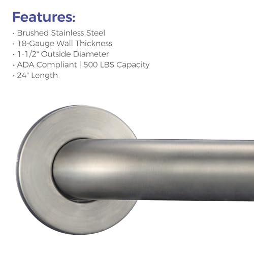 Stardrix 24-Inch ADA Compliant Grab Bar, 1.5" Diameter, Concealed Mounting Flanges, Handicap Friendly, Commercial & Residential Bathrooms, Brushed Stainless Steel - color: Brushed, size: 24"