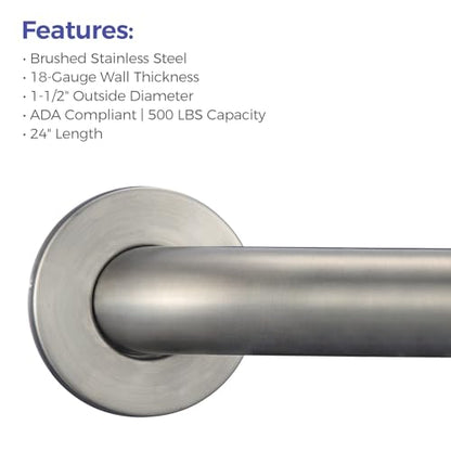 Stardrix 24-Inch ADA Compliant Grab Bar, 1.5" Diameter, Concealed Mounting Flanges, Handicap Friendly, Commercial & Residential Bathrooms, Brushed Stainless Steel - color: Brushed, size: 24"